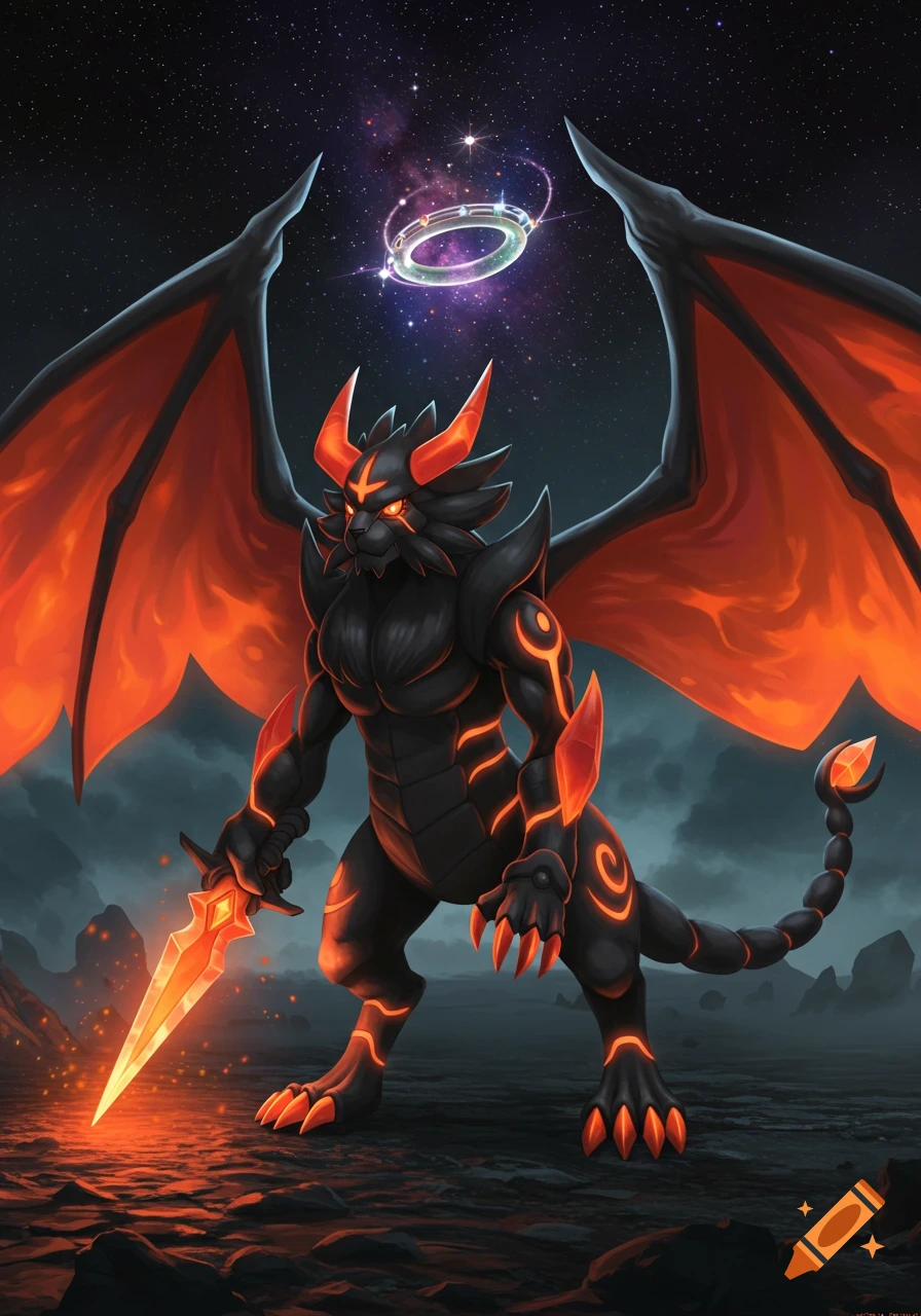 A black, lion-like creature with glowing orange accents, dragon wings, and a scorpion tail holds a fiery sword under a starry sky with a cosmic halo.