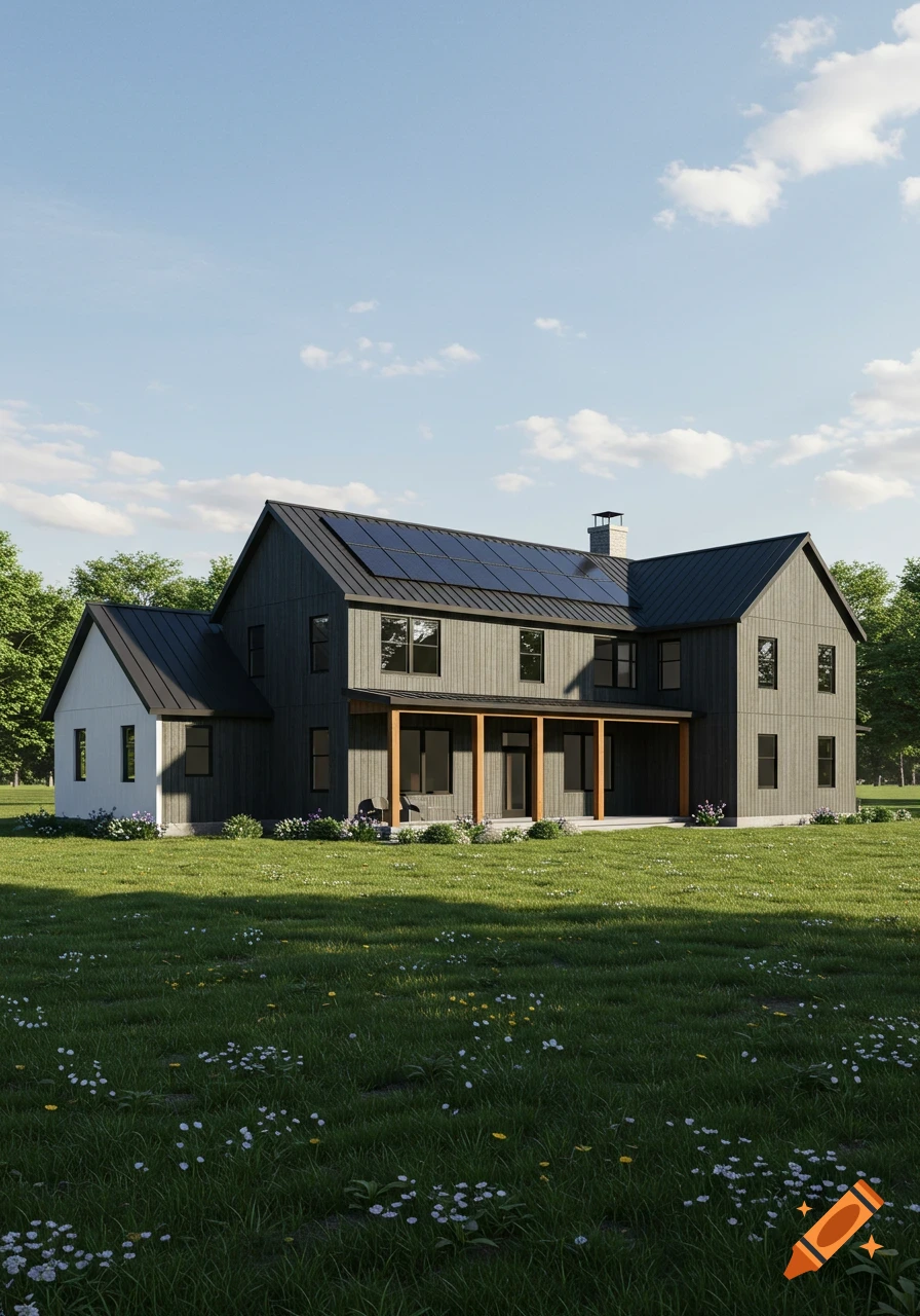 A modern farmhouse with dark gray siding, black roof with solar panels, and a covered porch, set in a green field under a blue sky.