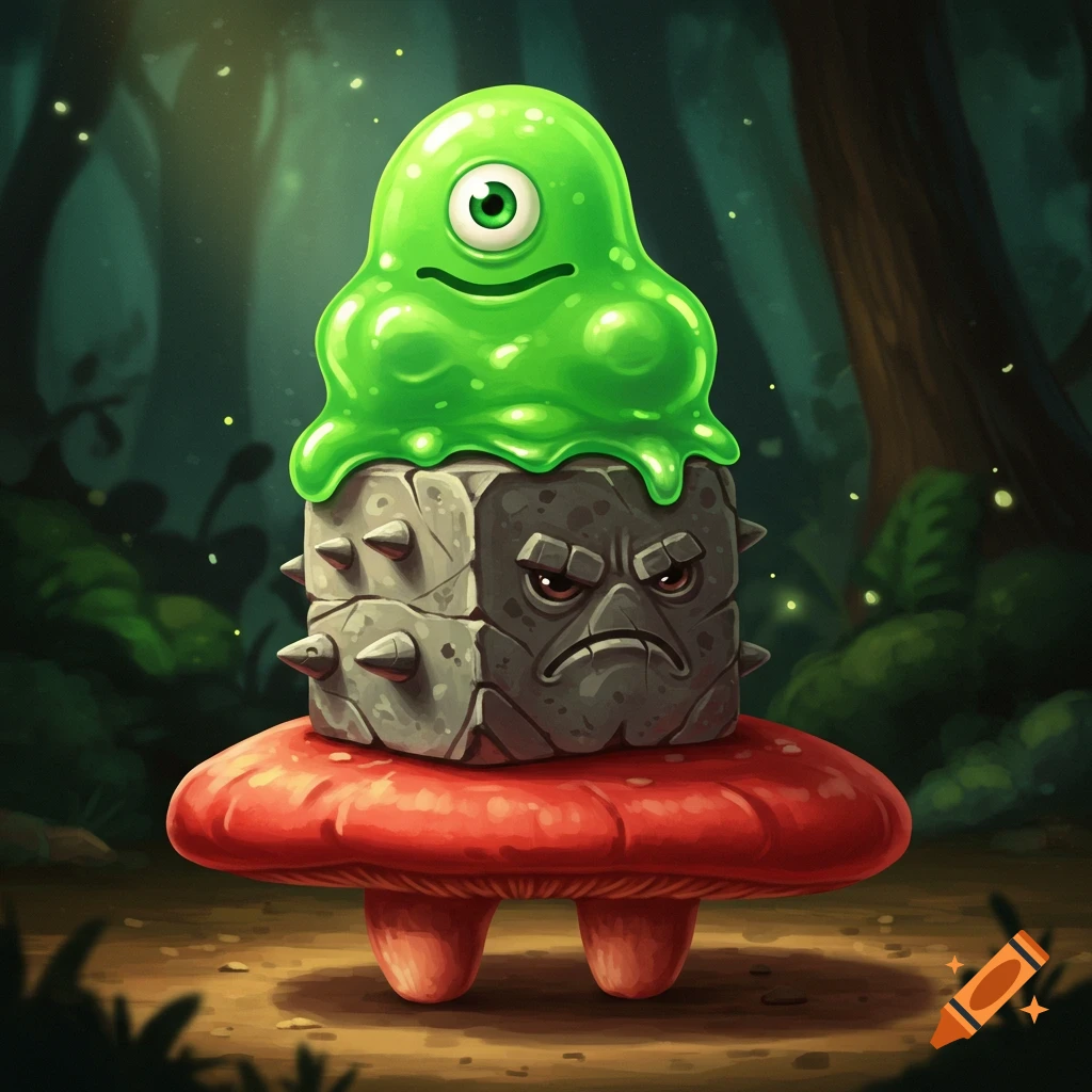 A bright green cyclops slime sits atop a grumpy, spiked stone cube, which rests on a red mushroom with legs in a magical dark forest illustration.