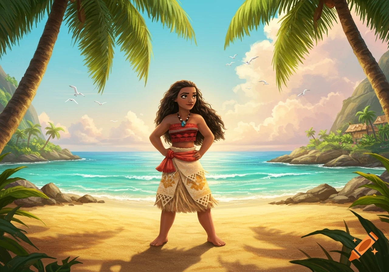 An animated depiction of Moana standing confidently on a sandy tropical beach, flanked by two large palm trees, with the ocean behind her.