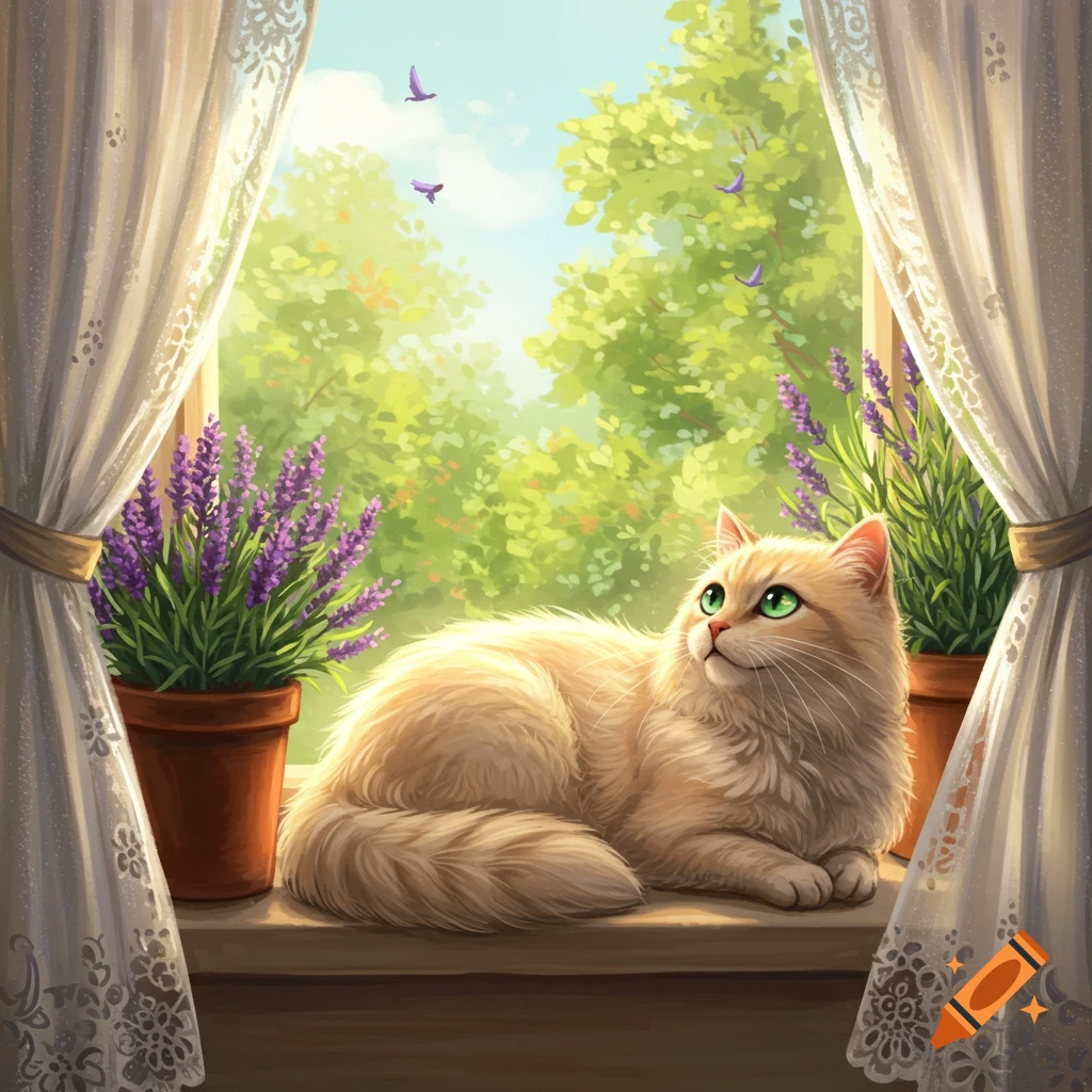 A light orange cat with green eyes lies on a window sill by lace curtains and lavender, looking out at green trees and birds. Illustrated.