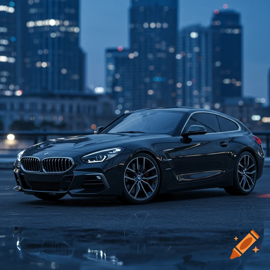 A sleek black BMW Z4 Shooting Brake coupe parked on a wet street at dusk, with blurred city buildings in the background.