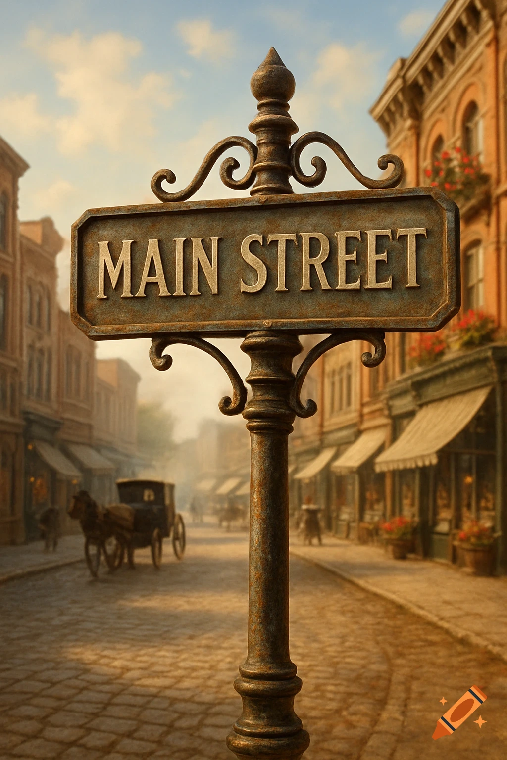 A rustic "MAIN STREET" sign in the foreground of an old-fashioned cobblestone street with buildings and a horse-drawn carriage.