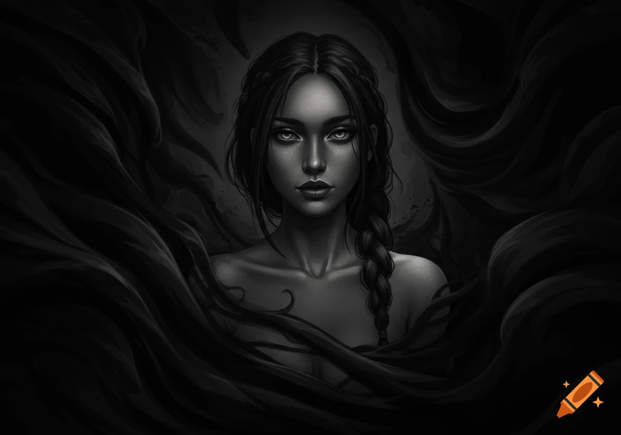 Digital art portrait of a woman with dark hair and a braid, surrounded by swirling black fabric in a monochrome style.