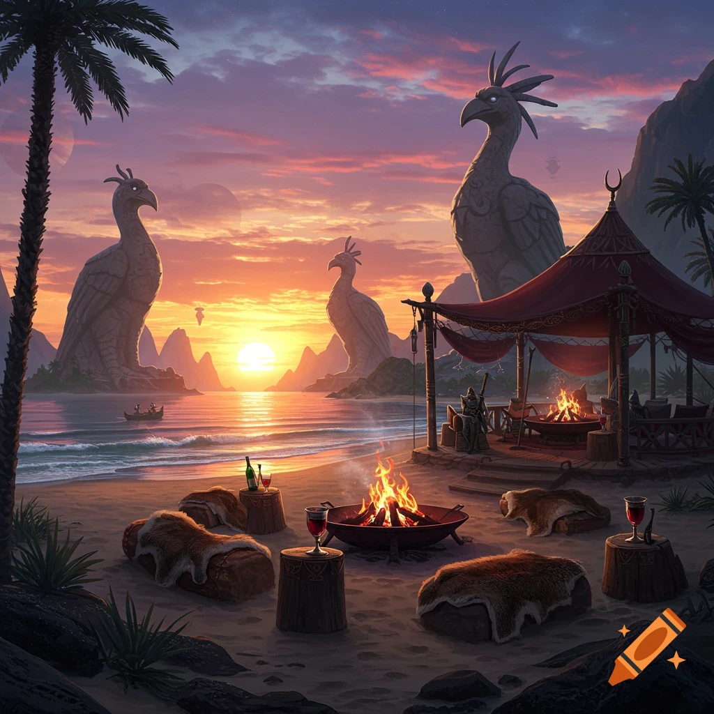 A fantasy beach scene with giant bird statues, a pavilion, and a bonfire at sunset.