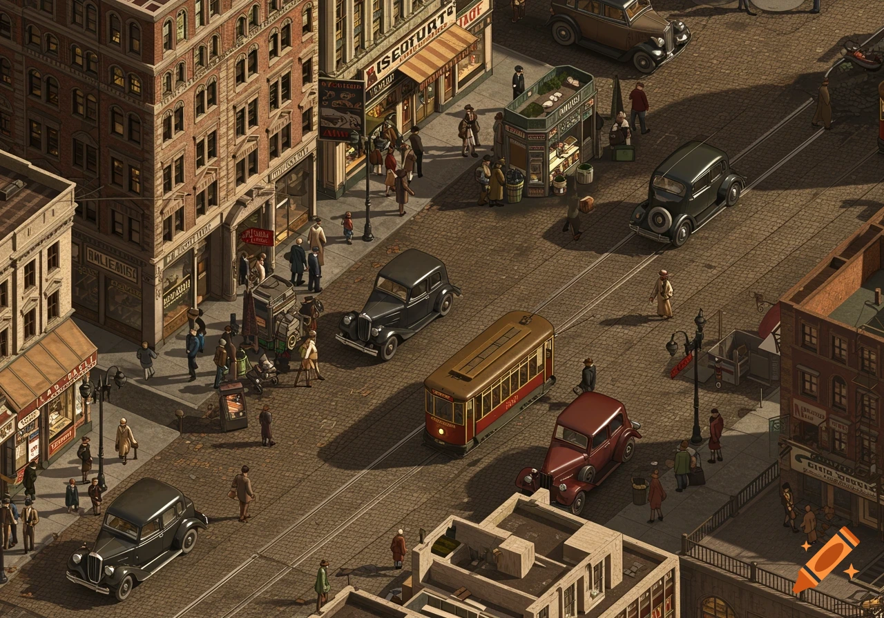 An isometric view of a bustling 1930s New York City street with people walking, vintage cars, and a trolley on a cobblestone road, flanked by brick buildings and shops.