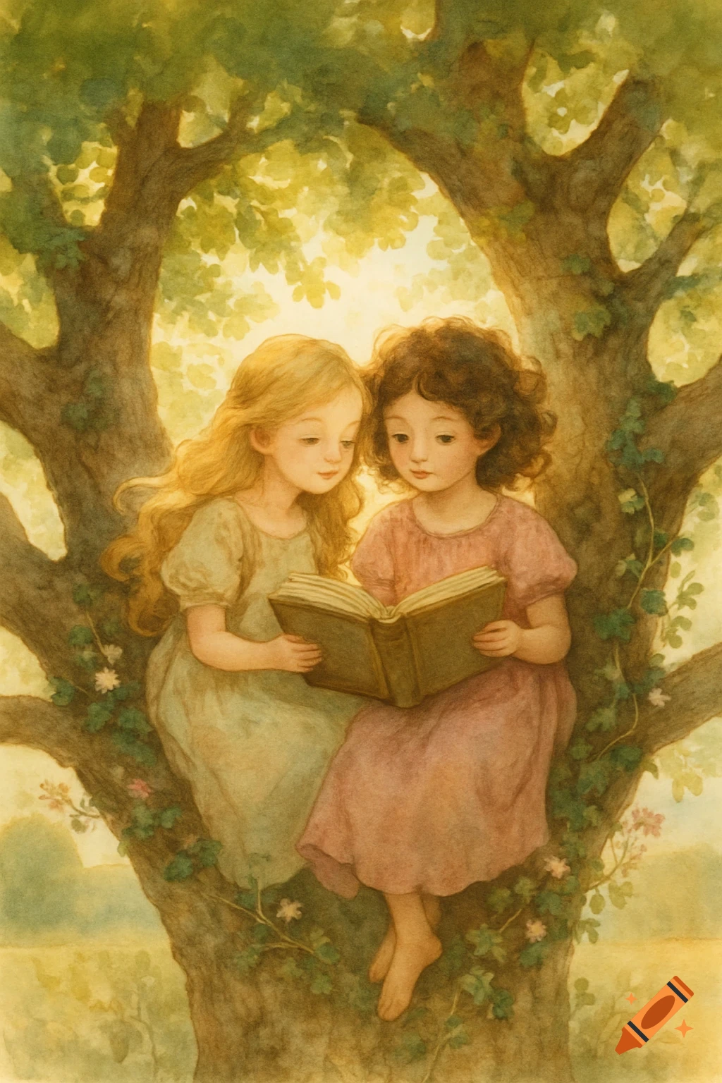 Two young girls with long hair sit in the crook of a tree, reading an open book together in a soft watercolor illustration style.