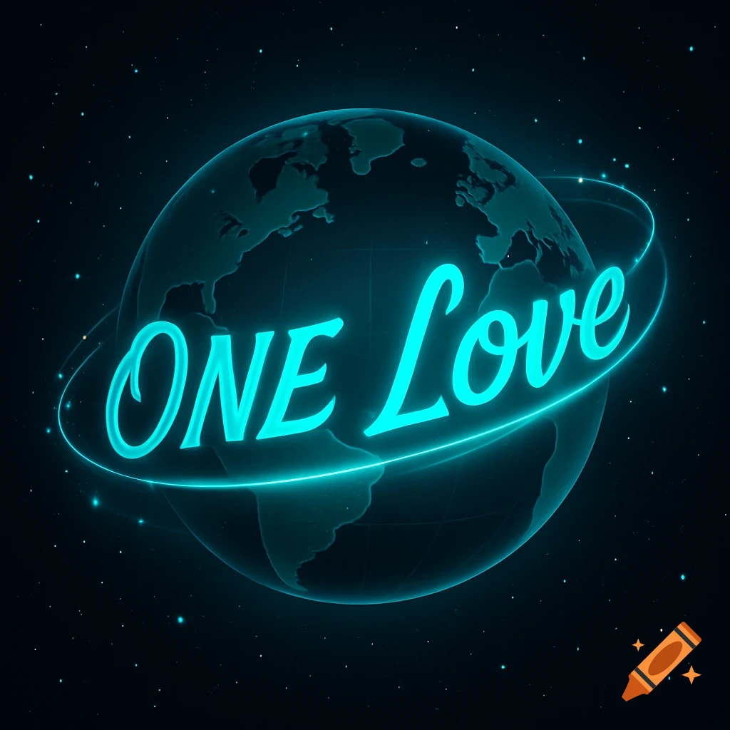 Glowing teal 'ONE Love' text encircling a semi-transparent globe in a starry space background.