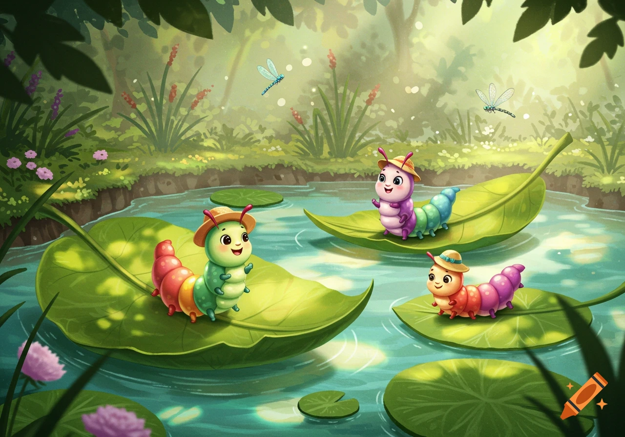 Three cute, colorful cartoon caterpillars in hats float on green leaves on a pond in a magical forest with dragonflies.