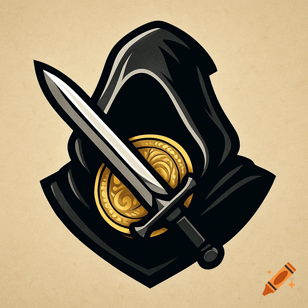 A black hooded figure logo with a silver dagger crossing a gold coin with intricate patterns.