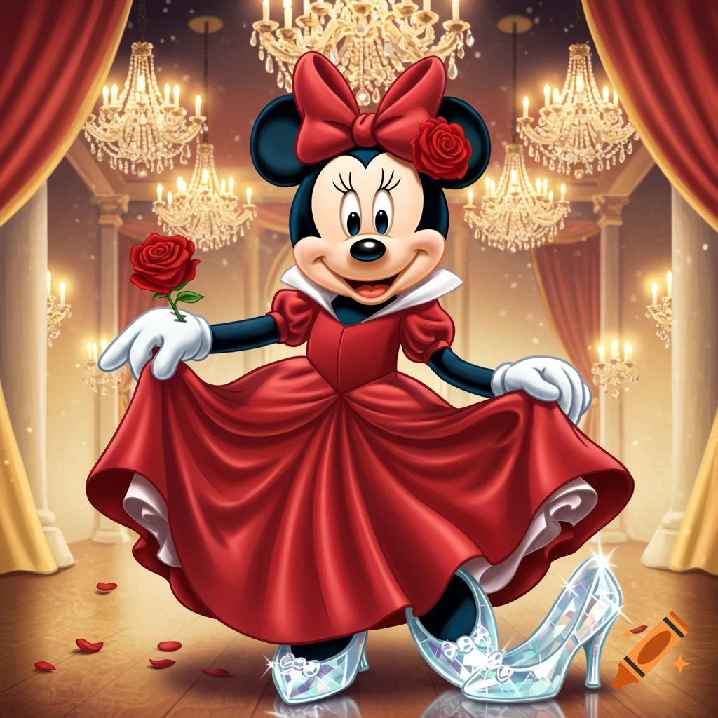 Minnie Mouse in a red ballgown with a rose, posing in a grand ballroom with one glass slipper off.