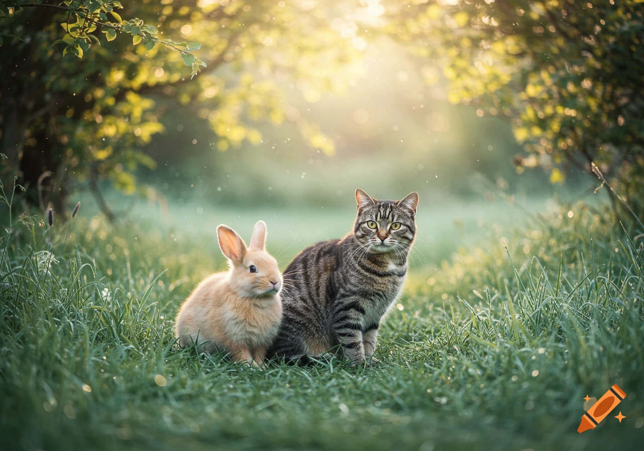 A photorealistic image of a tabby cat and a light brown rabbit sitting together in green grass under bright sunlight.