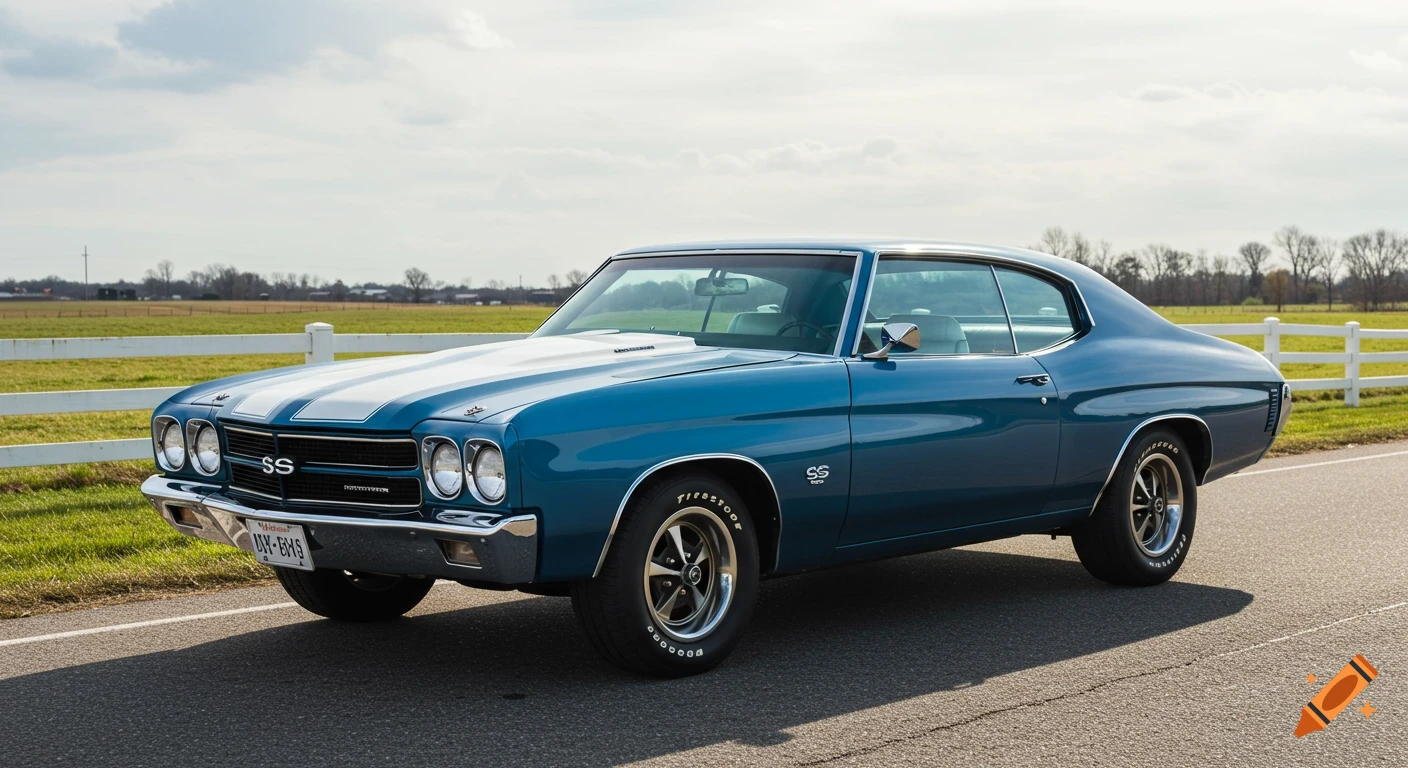 Photorealistic image of a blue 1970 Chevrolet Chevelle SS parked on a country road with a white fence and fields.