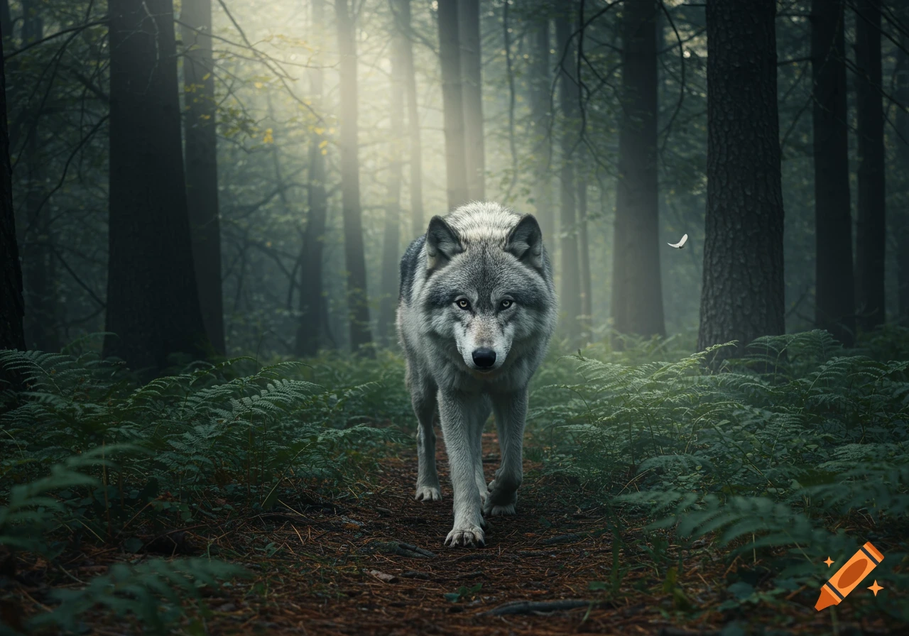 A grey wolf with bright eyes walks on a path through a misty, sunlit forest.