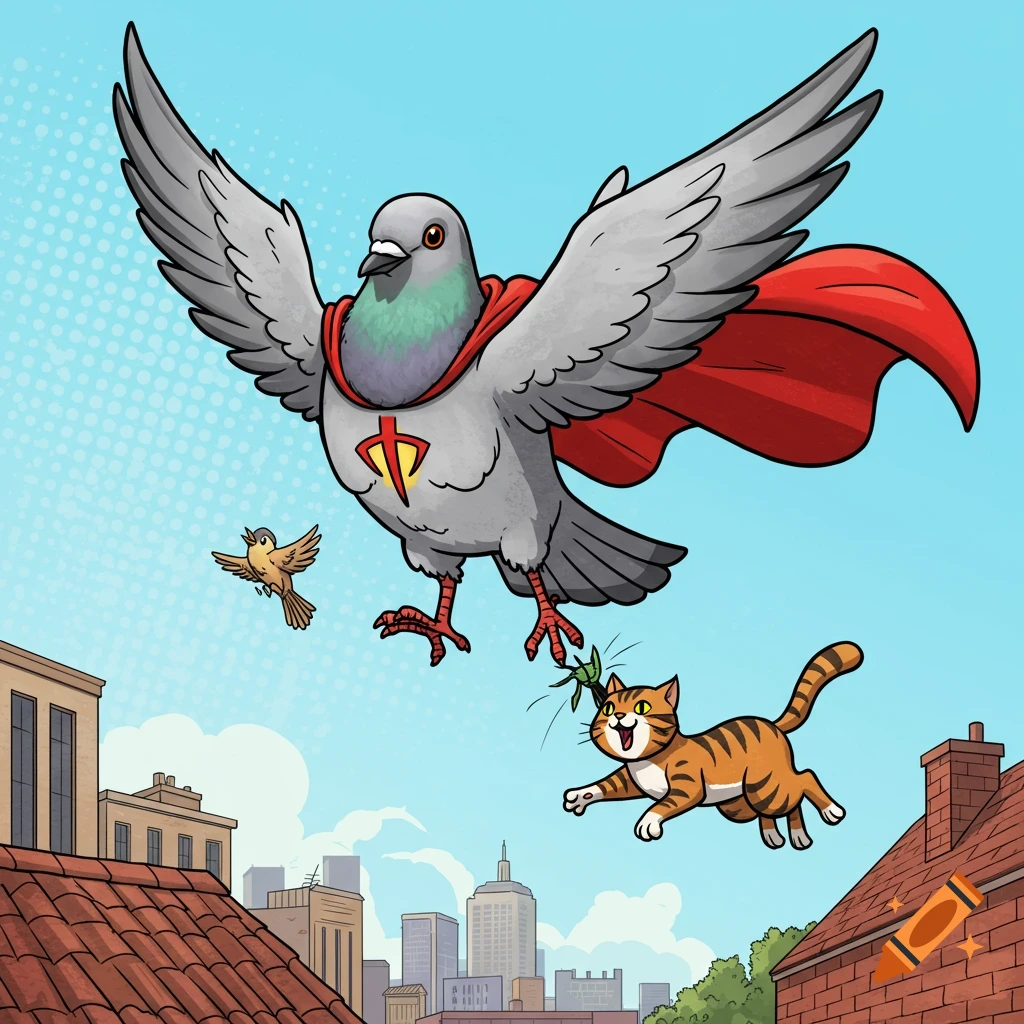 A cartoon superhero pigeon in a red cape flies through the air, saving a small bird from a leaping orange cat over city rooftops, in comic book style.