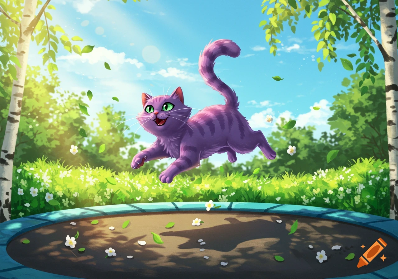 A purple cartoon cat with green eyes jumps high above a trampoline in a sunny park with trees and grass.