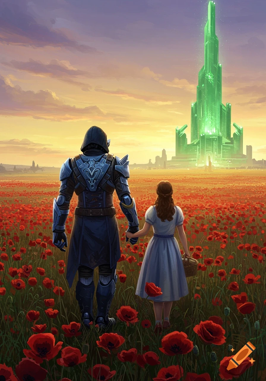 Cayde-6 and Dorothy walk hand-in-hand through a vibrant red poppy field towards the glowing green Emerald City at sunset.
