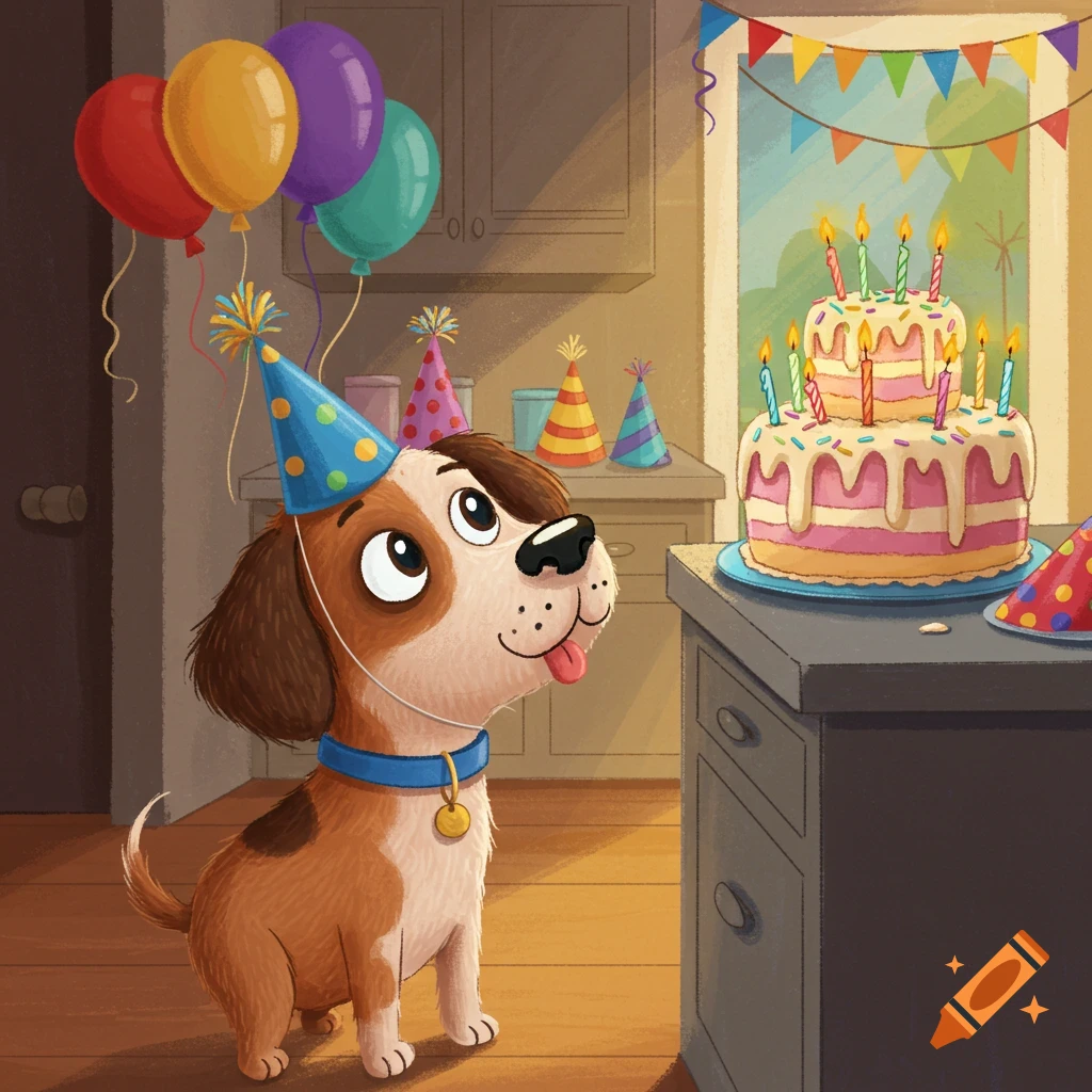 A cute dog wearing a party hat stares at a large birthday cake in a kitchen, illustrated in a children's book style.