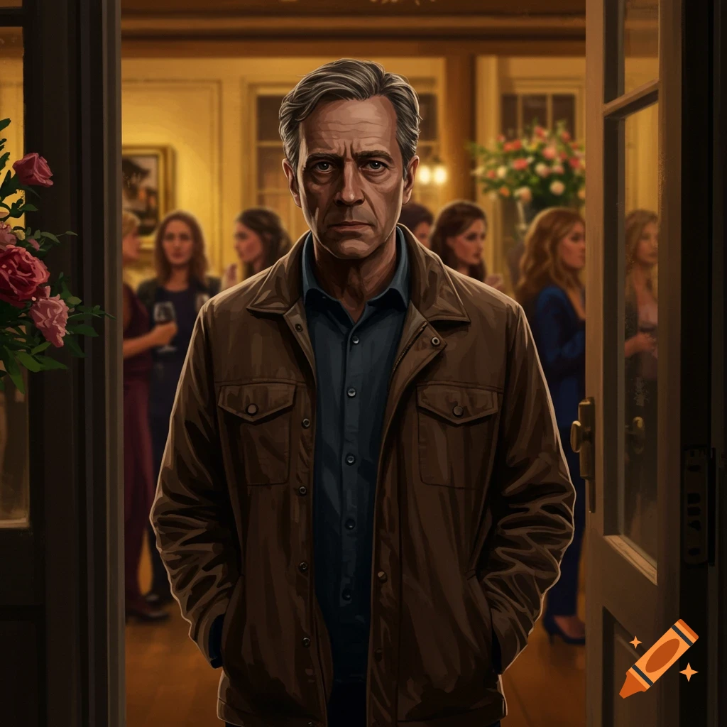 A serious, middle-aged man with gray hair stands in a doorway, looking into a dimly lit room with a social gathering.