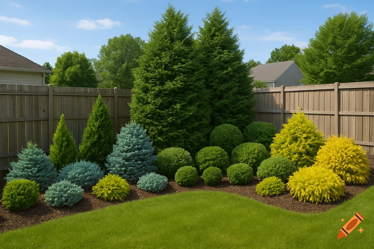 A vibrant backyard garden with green, blue, and yellow evergreen trees and bushes, a manicured lawn, and a wooden fence.