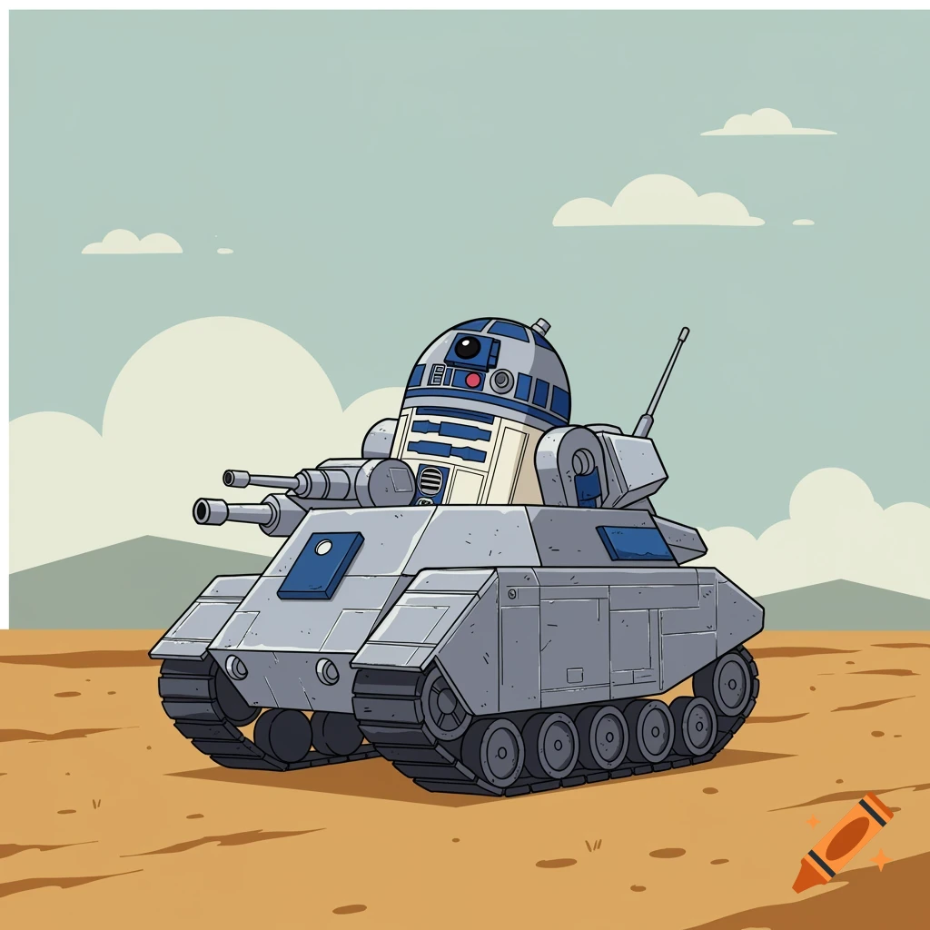 A cartoon illustration of R2-D2's head attached to a grey tank, standing in a sandy desert landscape under a blue sky.
