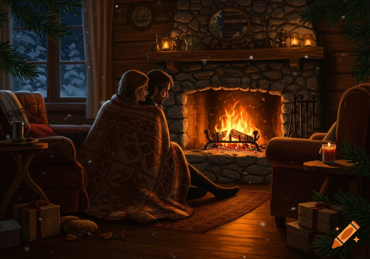 Two people bundled in a blanket sit by a warm fireplace in a cozy, snow-dusted cabin, Christmas decorations visible.