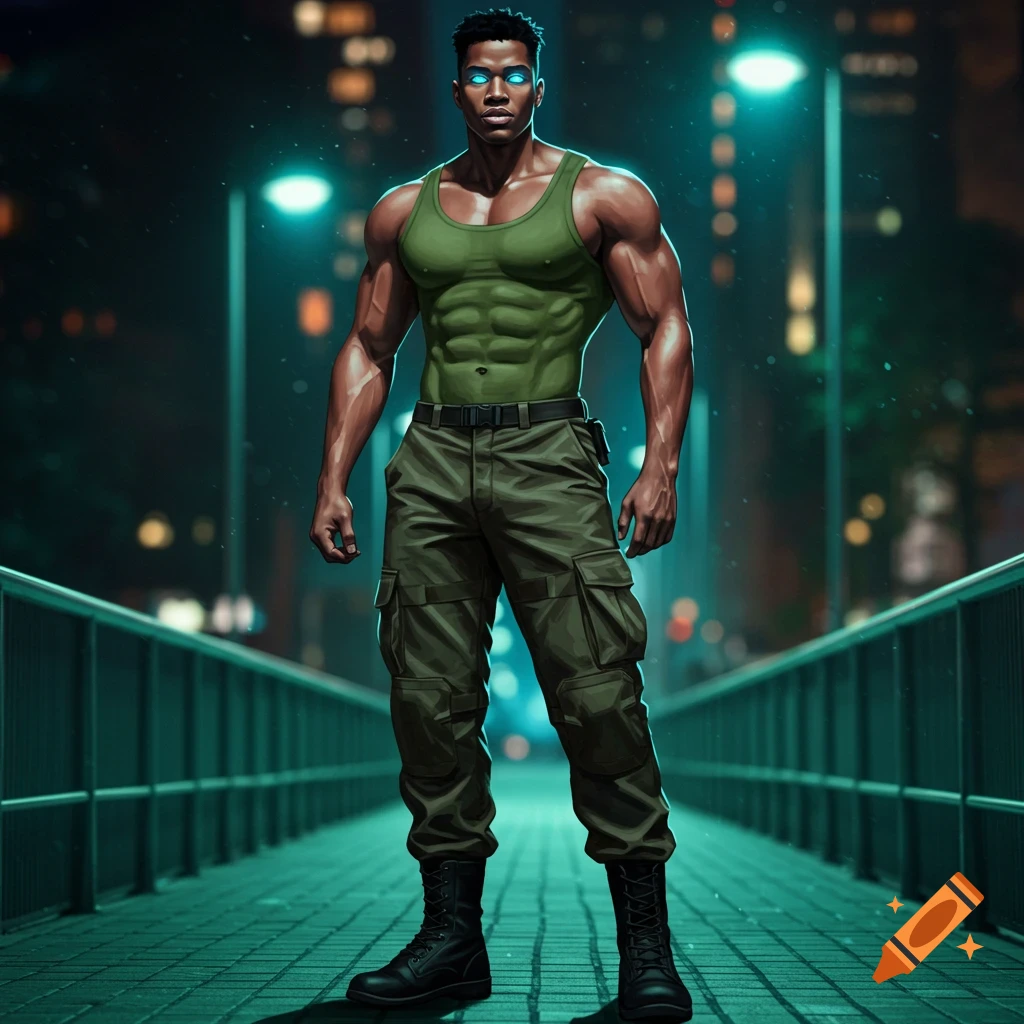 Muscular Black man with glowing blue eyes in a green tank top and cargo pants stands on a dark city bridge at night.