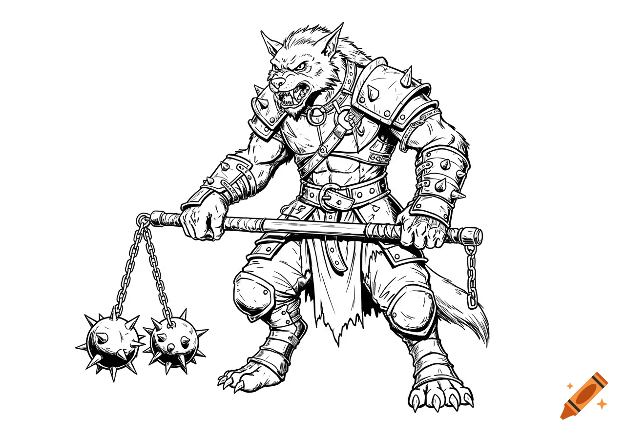 Black and white line art drawing of a fierce armored gnoll holding a flail with two spiked balls.