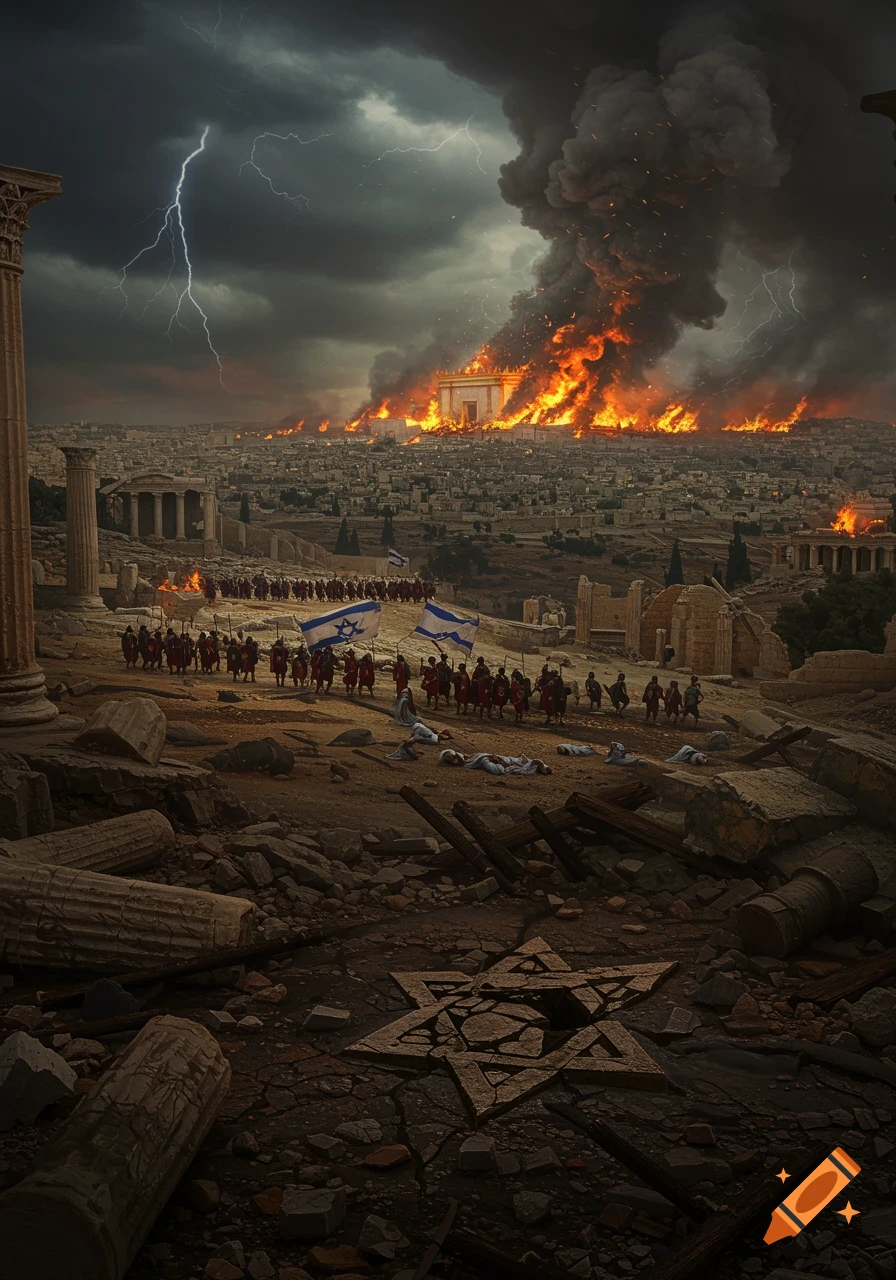 Dramatic photorealistic image of ancient Jerusalem burning, Roman soldiers, and a broken Star of David in the foreground rubble.