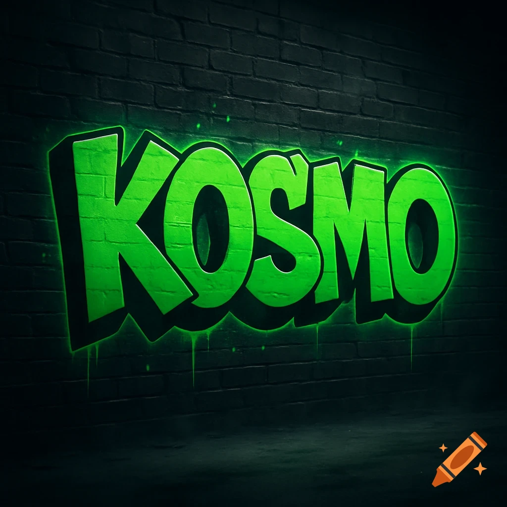 Green bulky graffiti letters spelling KOSMO glowing on a dark brick wall.