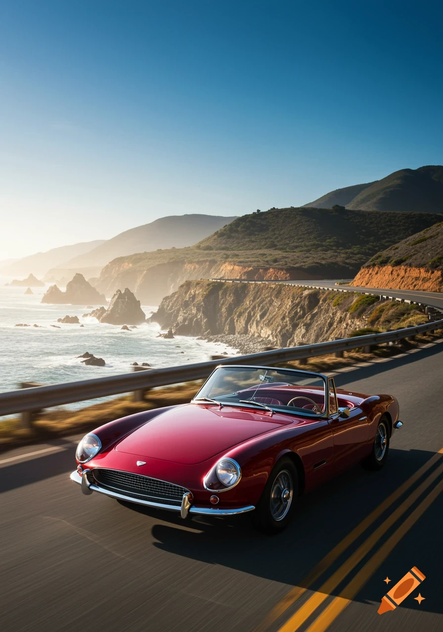 A red convertible drives along a coastal highway with mountains and ocean in the background at sunset.