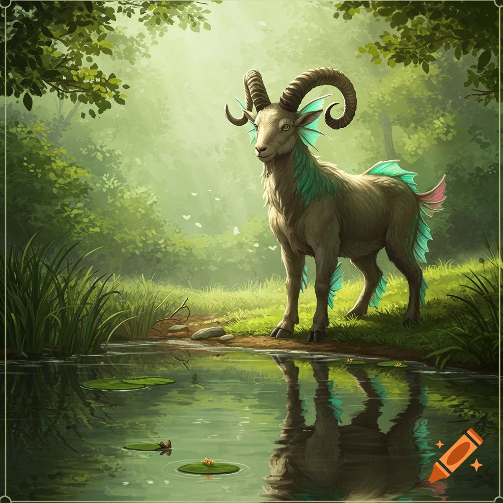 An illustrated amphibian goat with horns and green fins stands by a pond in a misty, lush forest, reflected in the water.