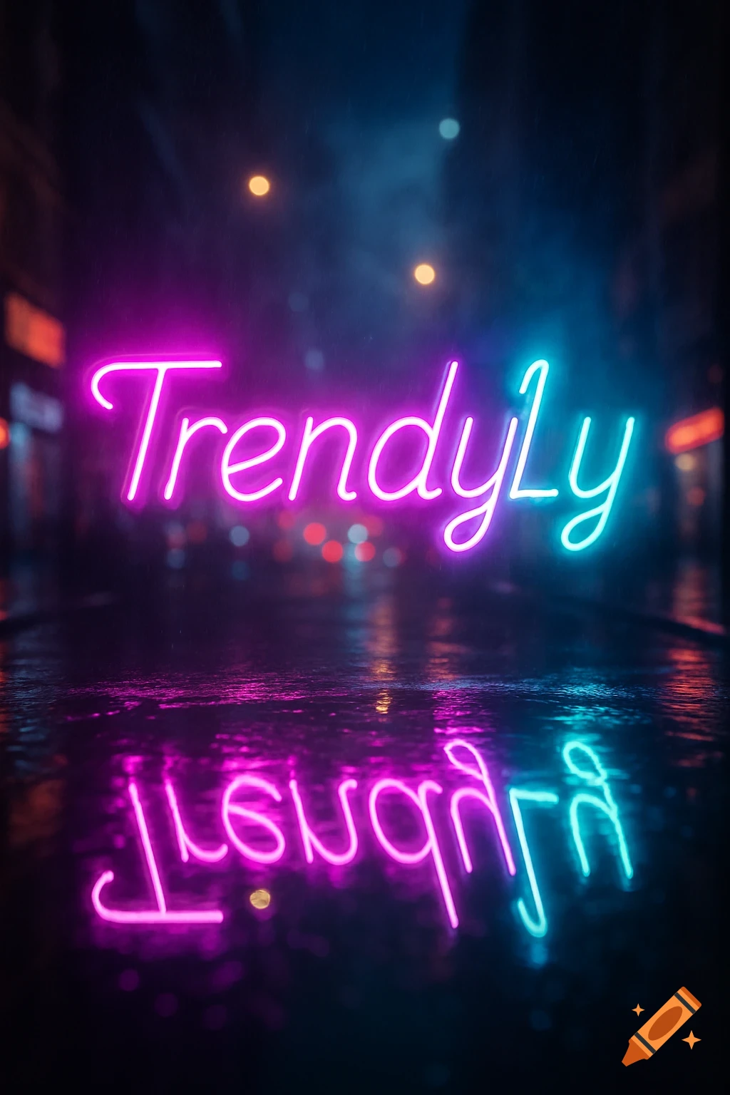 Neon sign displaying 'TrendyLy' in pink and blue, reflected on a wet dark street at night.