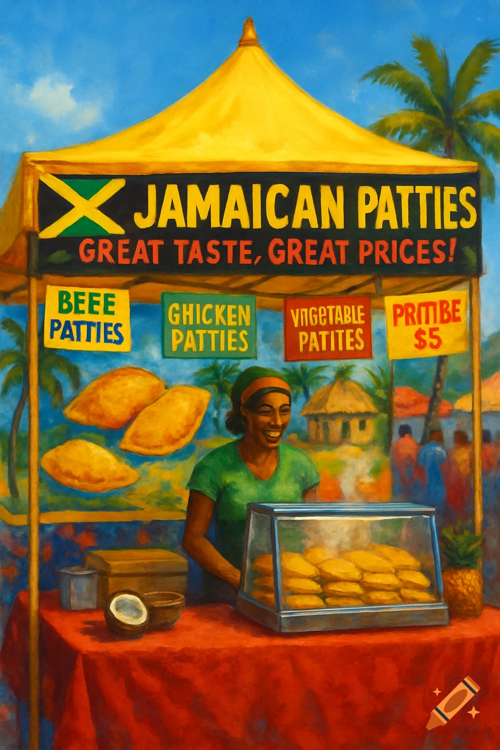 A painting of a woman smiling at a colorful Jamaican patty stall with a yellow tent, signs, and a display case.
