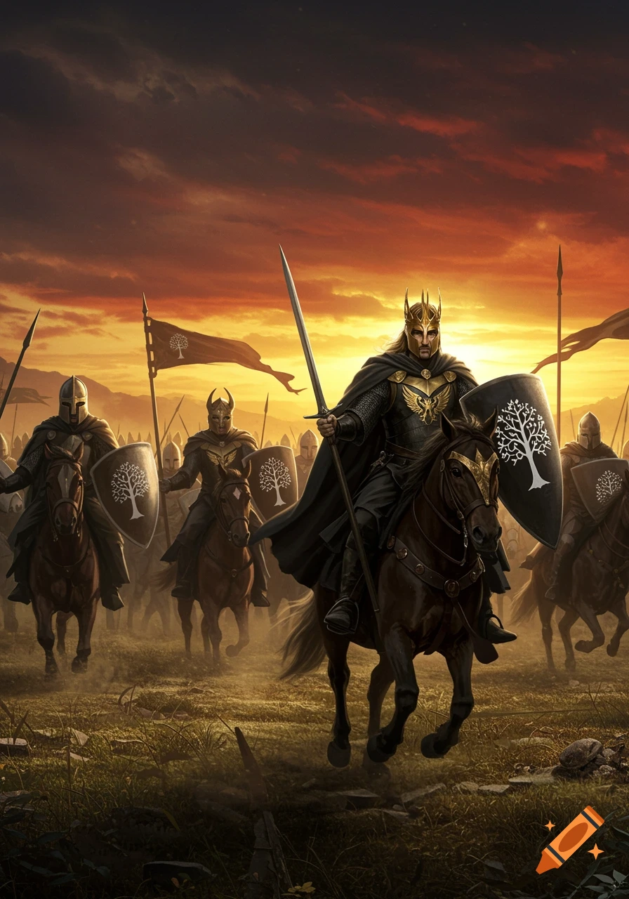 Armored knights led by a gold-crowned king on horseback charge across a sunset plain, carrying shields with a white tree symbol.