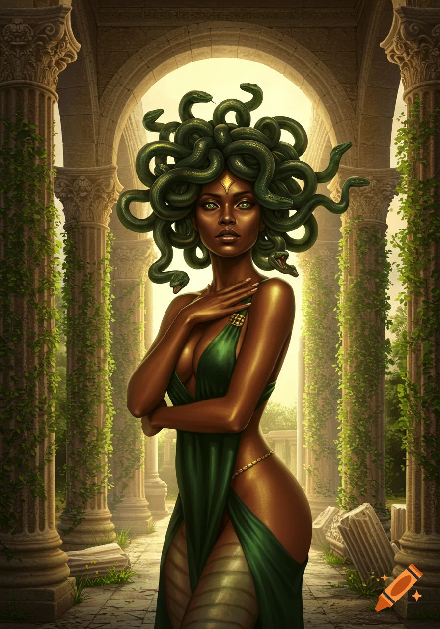 A dark-skinned Medusa with snakes for hair wears a green dress and stands among overgrown ancient columns.