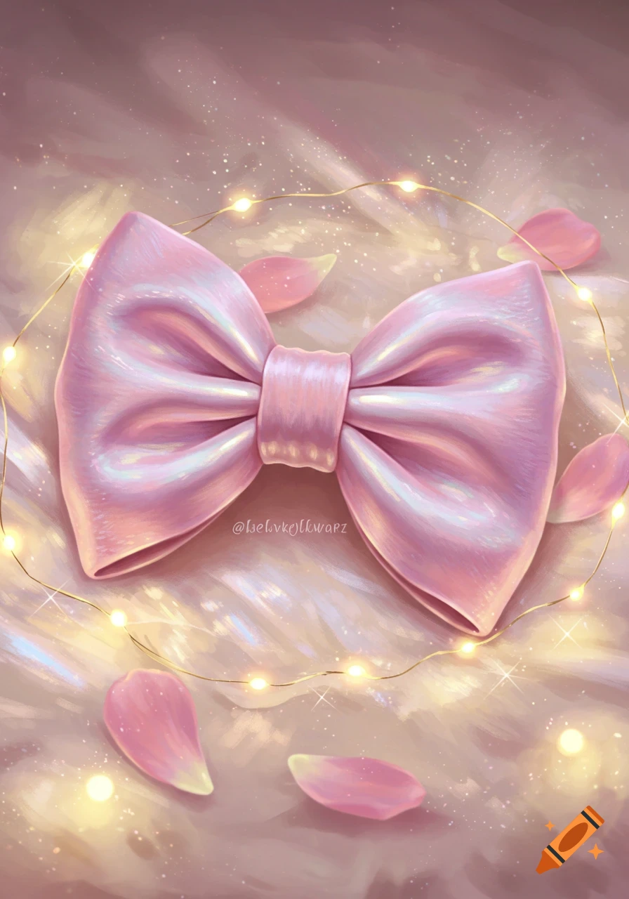 A vibrant pink bow rests on a soft, light pink background, surrounded by glowing fairy lights and delicate pink flower petals in an illustrative style.