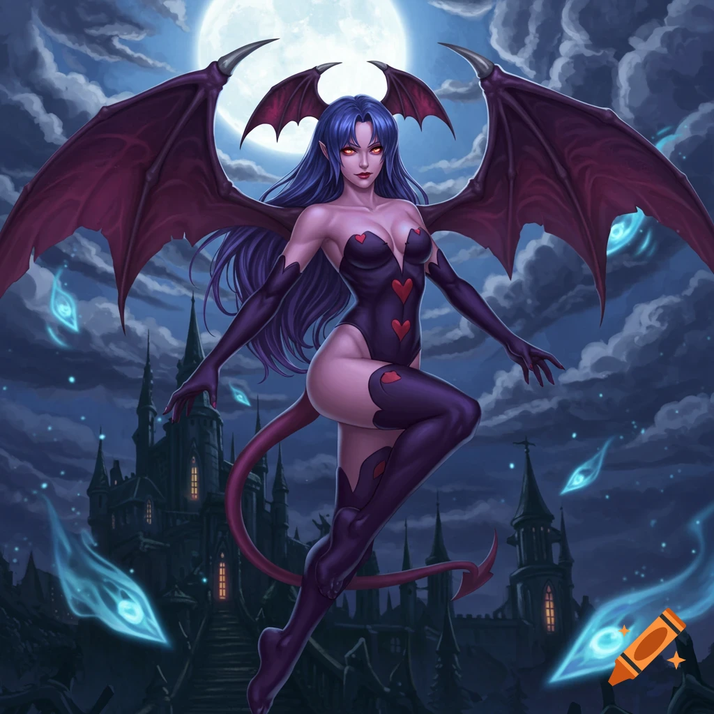 Lilith Aensland, a demonic character with blue hair and bat wings, hovers in front of a full moon and a dark castle.