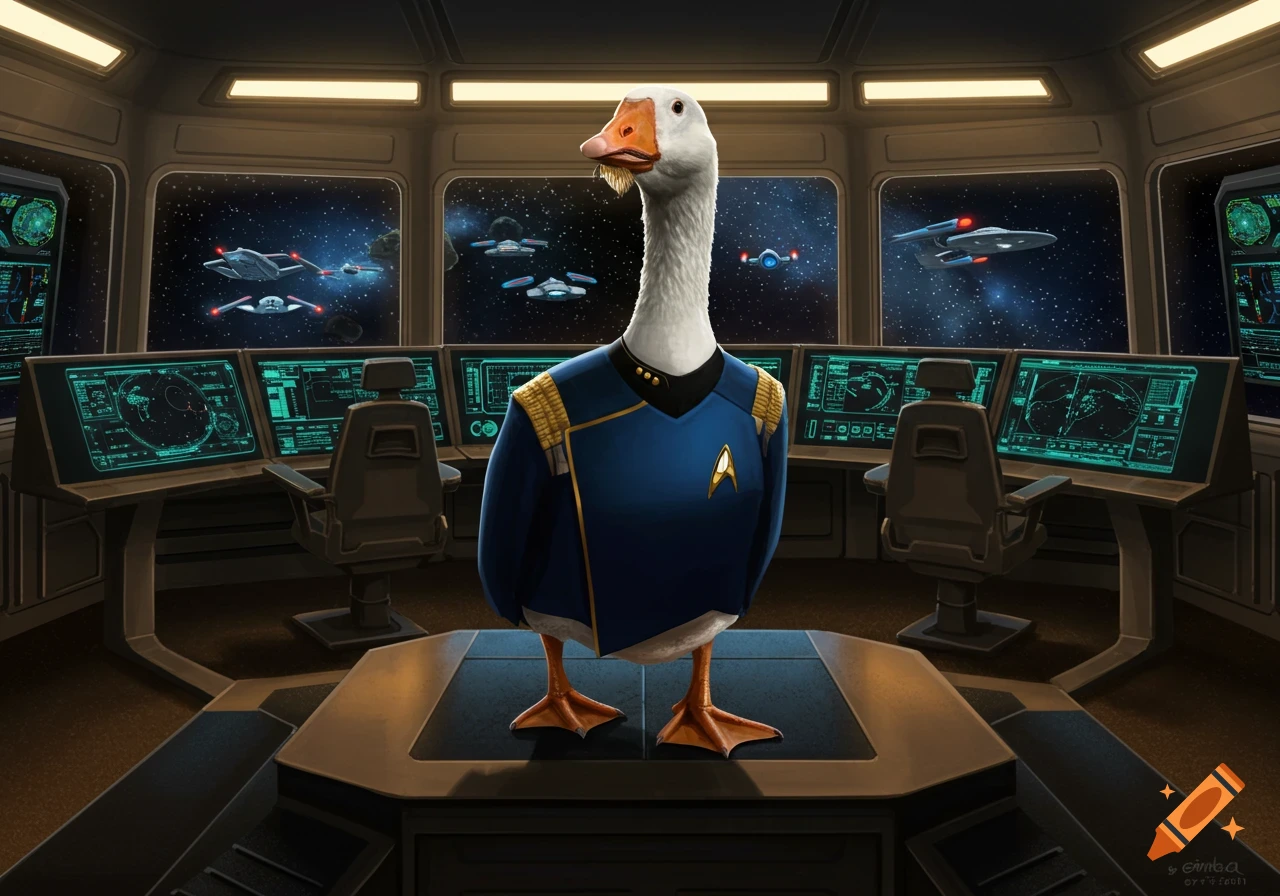 A goose wearing a Starfleet uniform stands on the bridge of a spaceship, looking at starships in space.