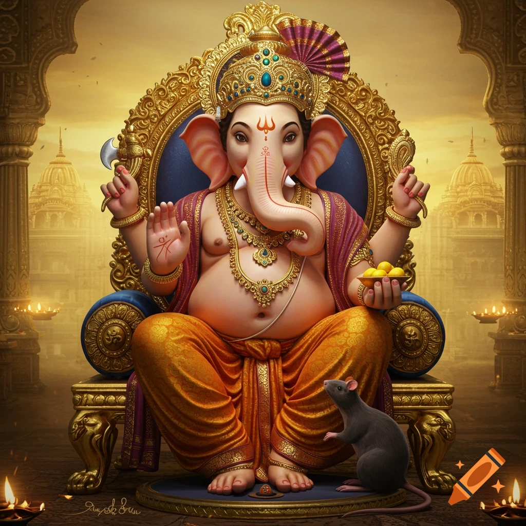 Hyperrealistic depiction of Lord Ganesha seated on an ornate golden throne with his rat Mooshika in a temple setting.