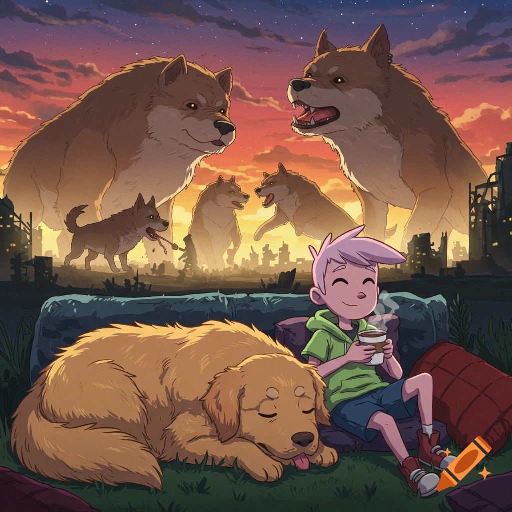 A boy sips coffee beside a sleeping golden retriever, while giant dogs loom over a ruined city at sunset in a cartoon style.
