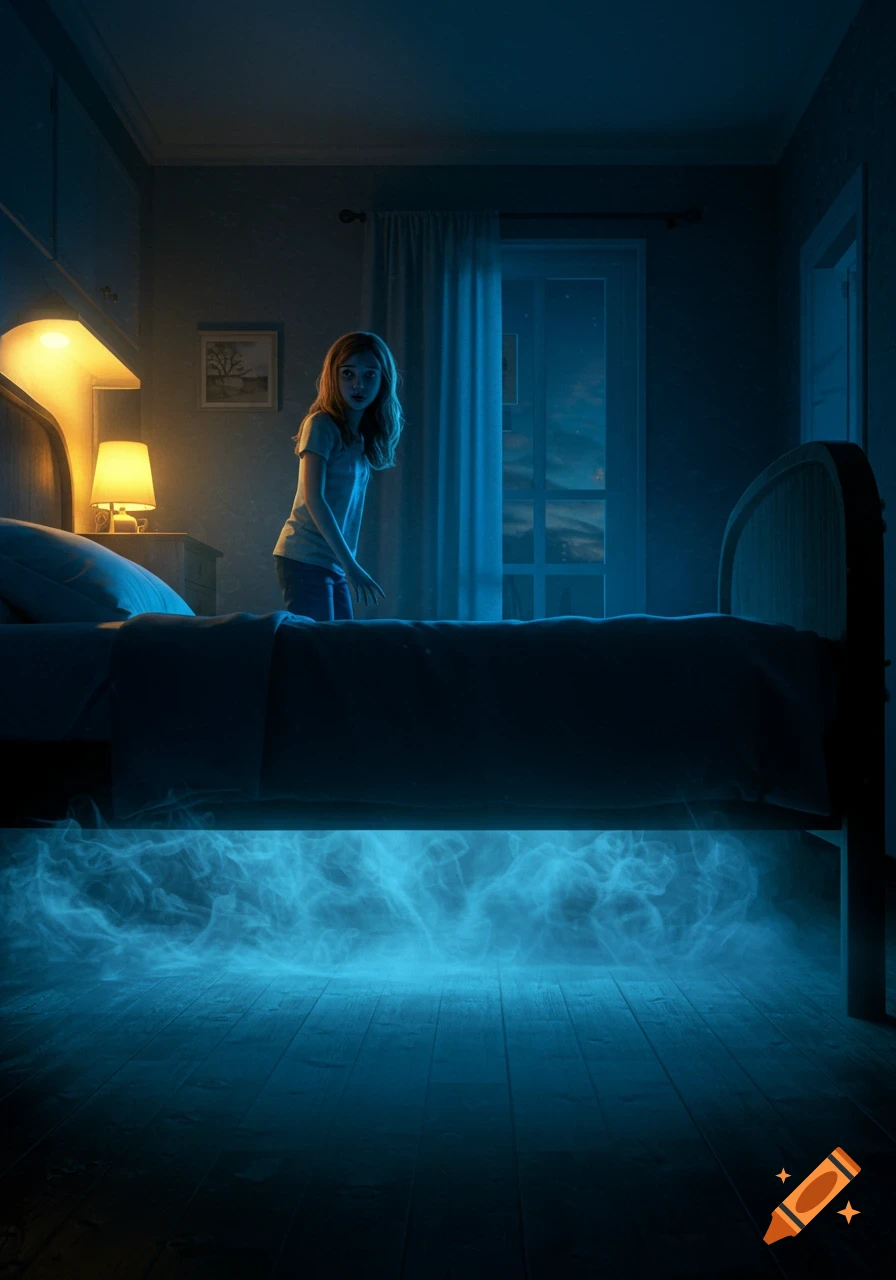 A young girl stands in a dark bedroom at night, looking at blue glowing mist emanating from under her bed. Photorealistic style.