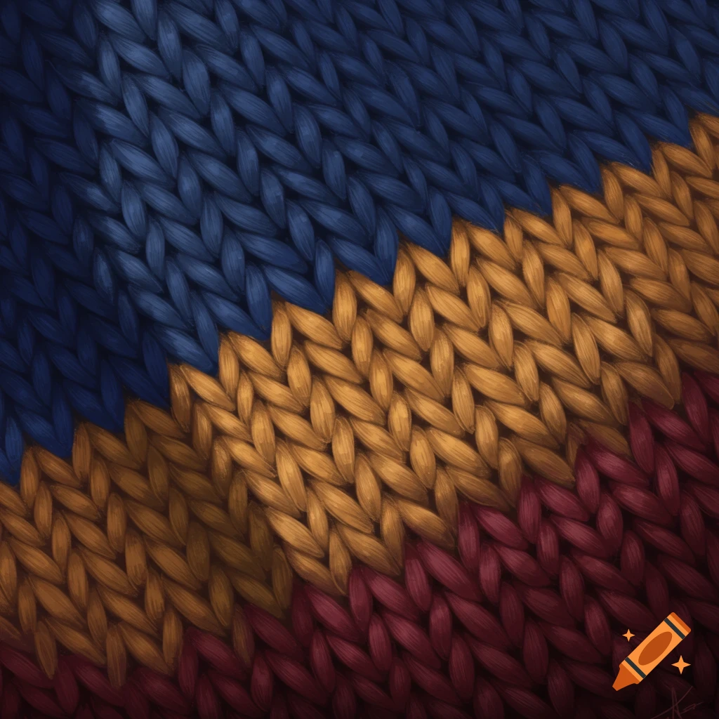 Close-up of knitted fabric with diagonal stripes in navy blue, golden yellow, and deep red.