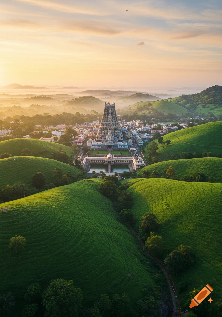 Aerial shot of the Srivenkateswara Temple in Tirupati surrounded by lush green hills and mist at dawn.