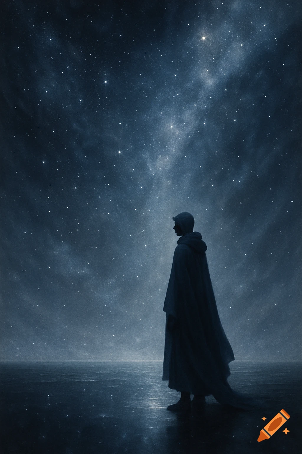 A hooded figure stands in silhouette under a vast, dark, starry night sky, looking out over a reflective surface.