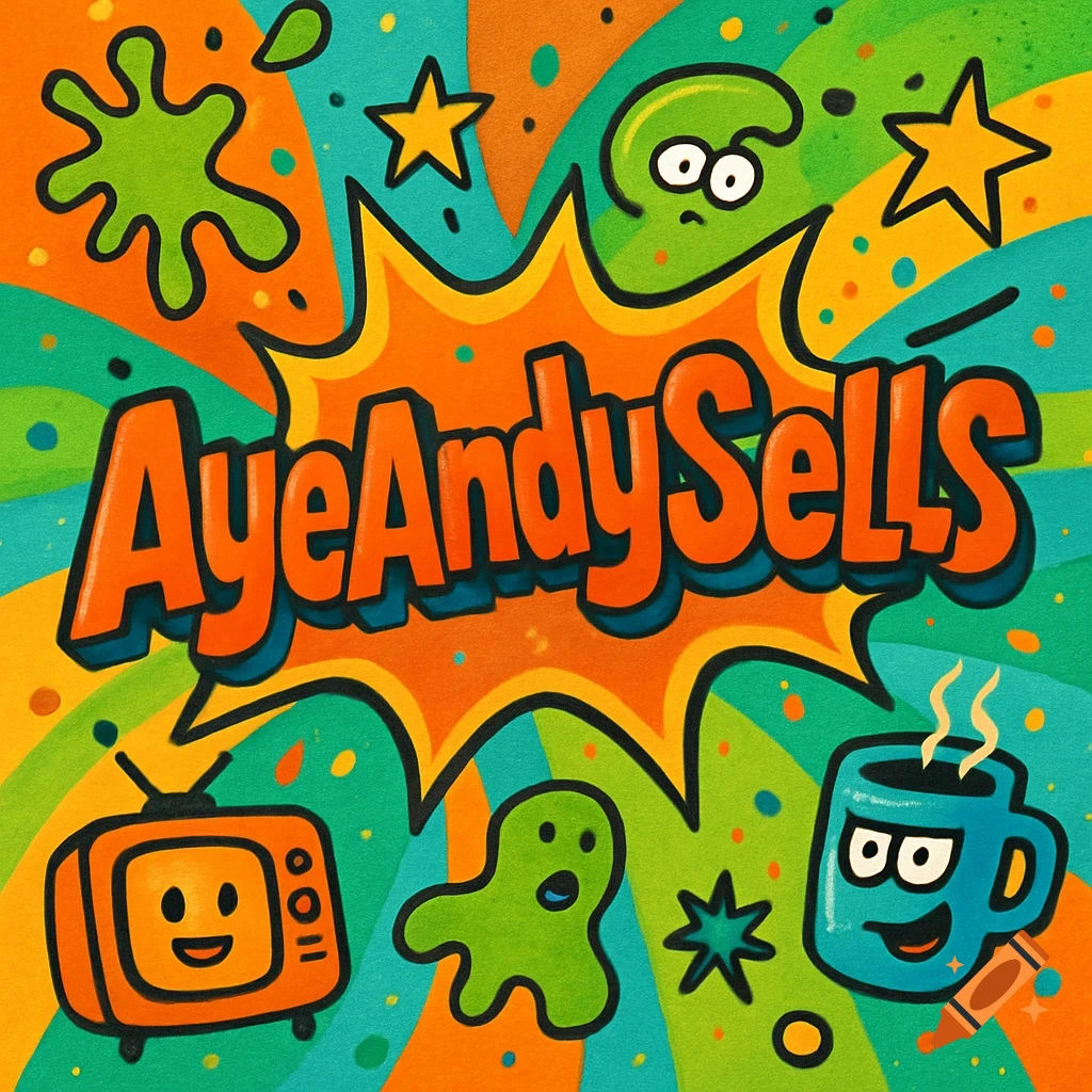Colorful, retro-style cartoon graphic featuring the text "AyeAndySells" in a speech bubble, surrounded by whimsical characters and shapes.