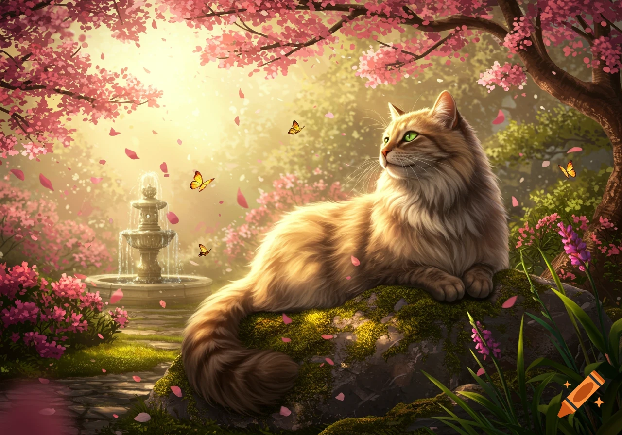 A fluffy light brown cat with green eyes rests on a mossy rock in a sunlit garden with pink cherry blossoms and a fountain.