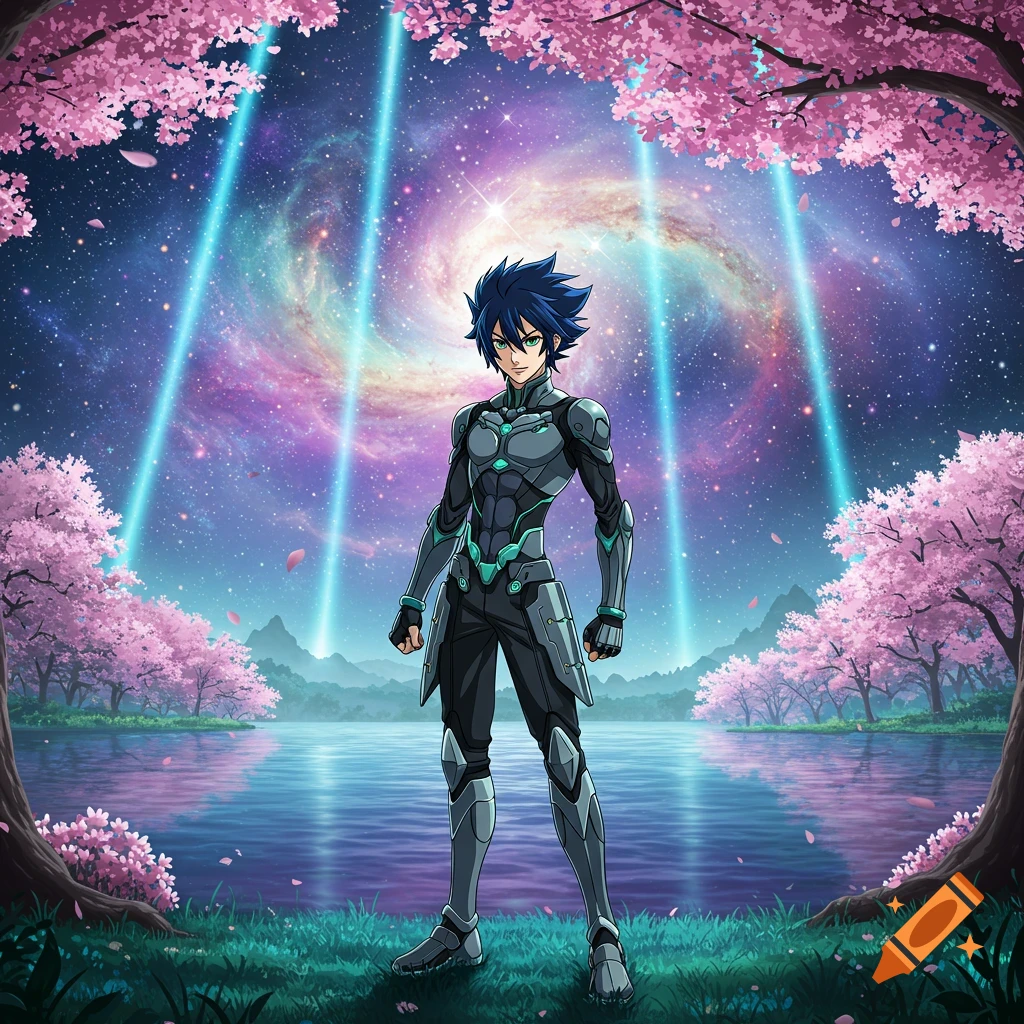 An anime character in futuristic armor stands by a lake under cherry blossom trees with a galaxy and laser beams in the night sky.