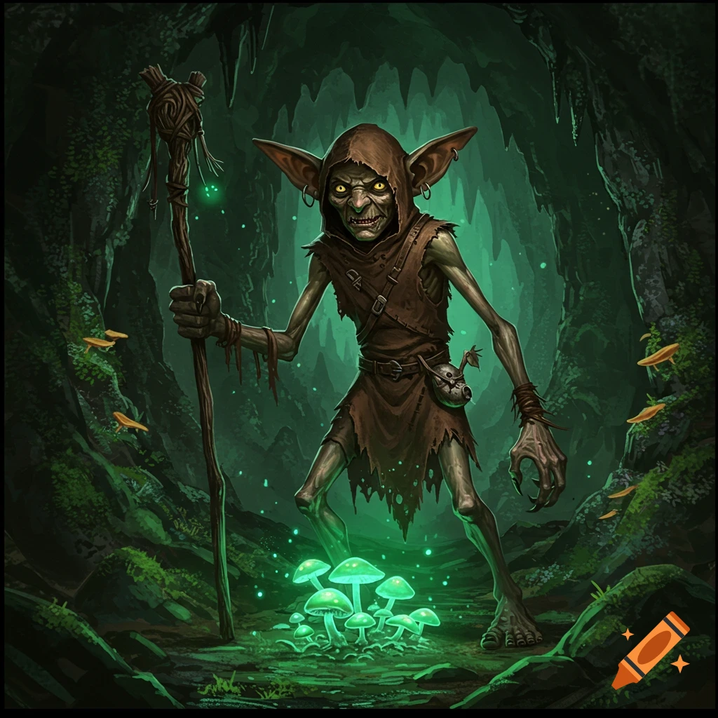 A skinny, hunched goblin holding a staff stands in a dark cave with glowing green mushrooms. Stylized illustration.