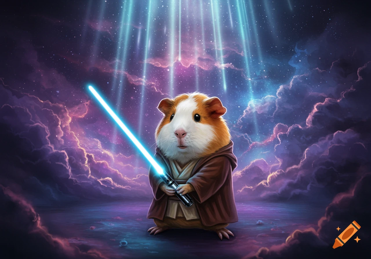 A cute guinea pig dressed as a Jedi knight holds a blue lightsaber in a cosmic scene with purple clouds and glowing light beams.